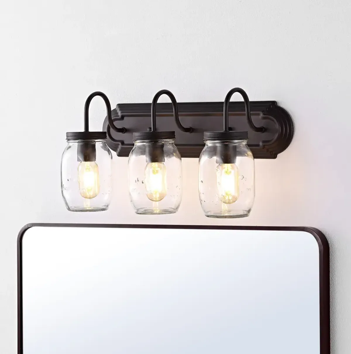 Gaines 3-Light Farmhouse Industrial Iron Mason Jar LED Vanity
