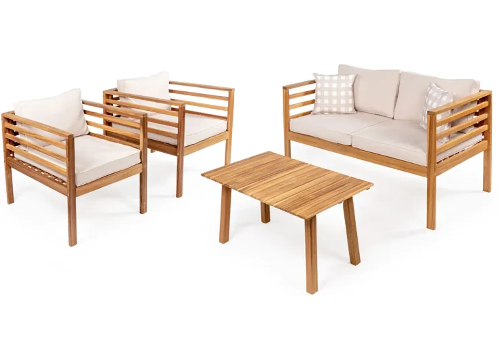 Thom 4-Piece Mid-Century Modern Acacia Wood Outdoor Patio Set with Cushions and Plaid Decorative Pillows