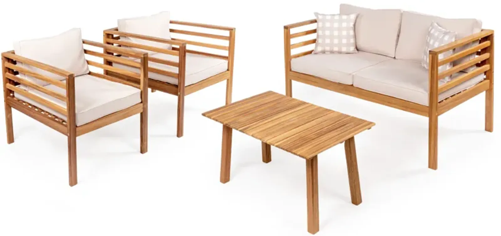 Thom 4-Piece Mid-Century Modern Acacia Wood Outdoor Patio Set with Cushions and Plaid Decorative Pillows