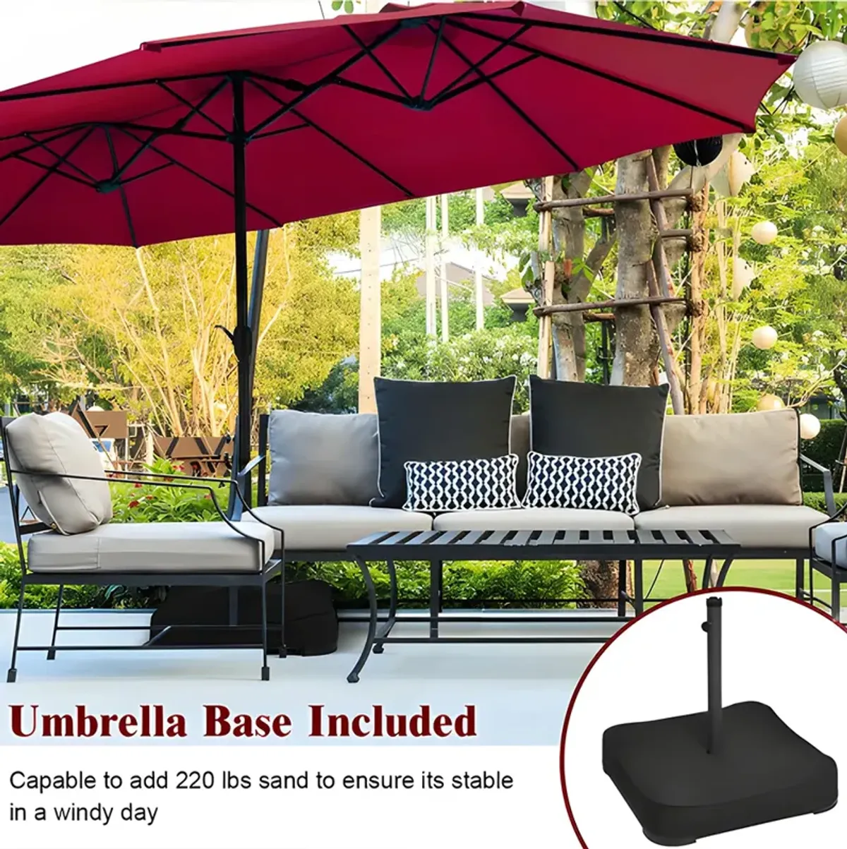 15 Feet Extra Large Patio Double Sided Umbrella with Crank and Base