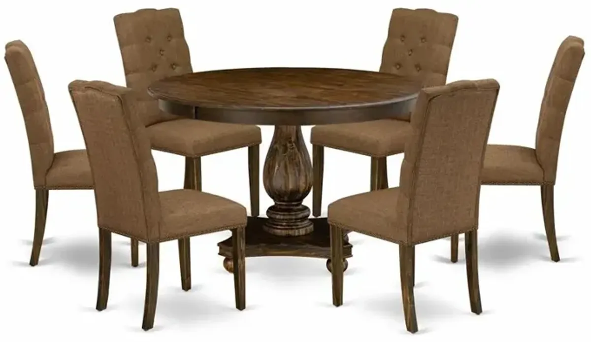East West Furniture 7 Piece Modern Dining Table Set Consists of a Wooden Table and 6 Brown Linen Fabric Parson Chairs with Button Tufted Back - Distressed Jacobean Finish