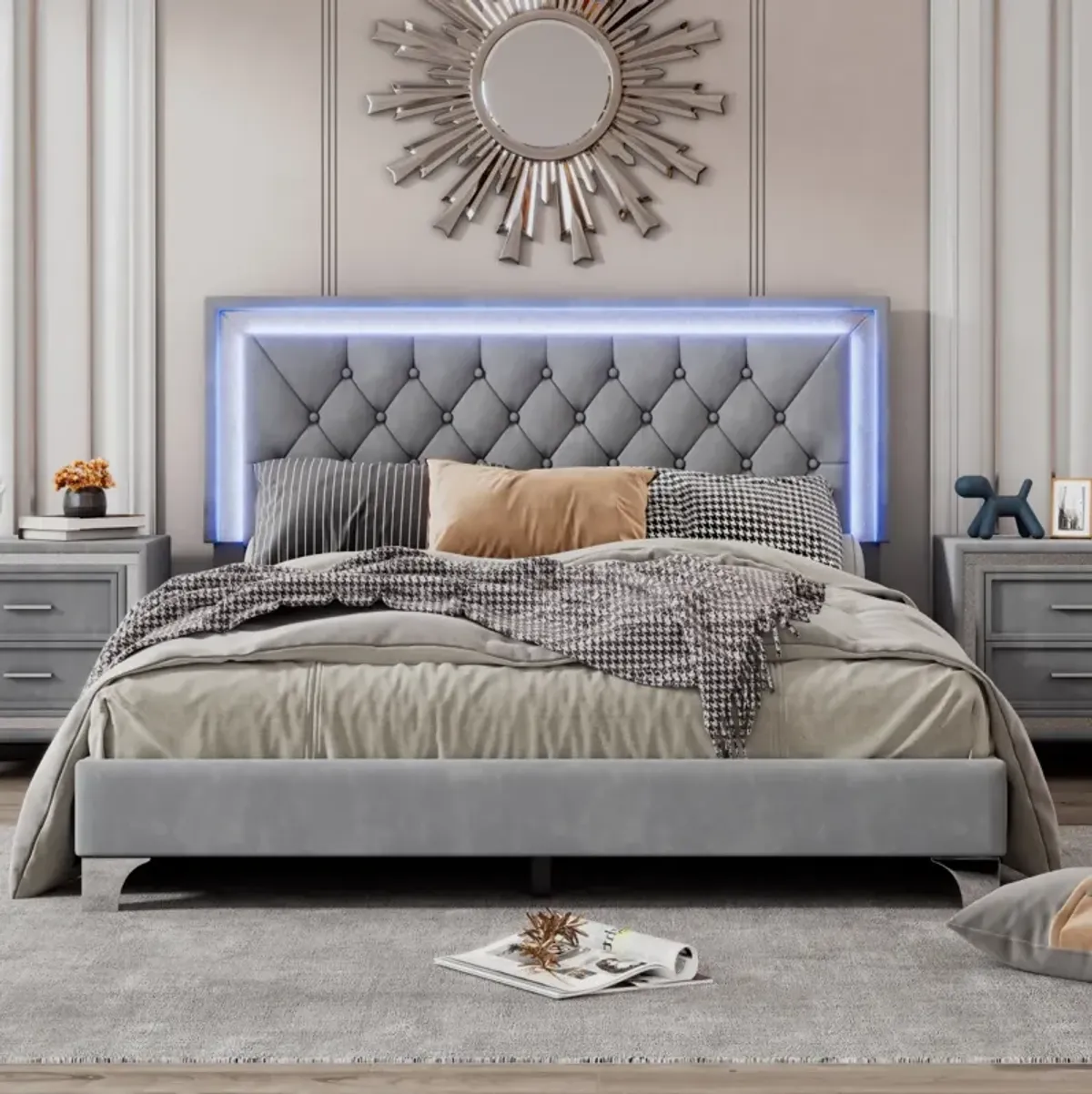 Queen Size Upholstered Bed Frame With LED Lights, Modern Velvet Platform Bed With Tufted Headboard