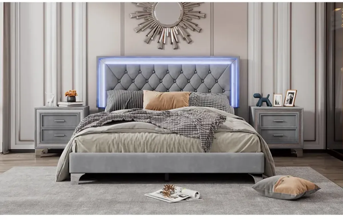 Queen Size Upholstered Bed Frame With LED Lights, Modern Velvet Platform Bed With Tufted Headboard