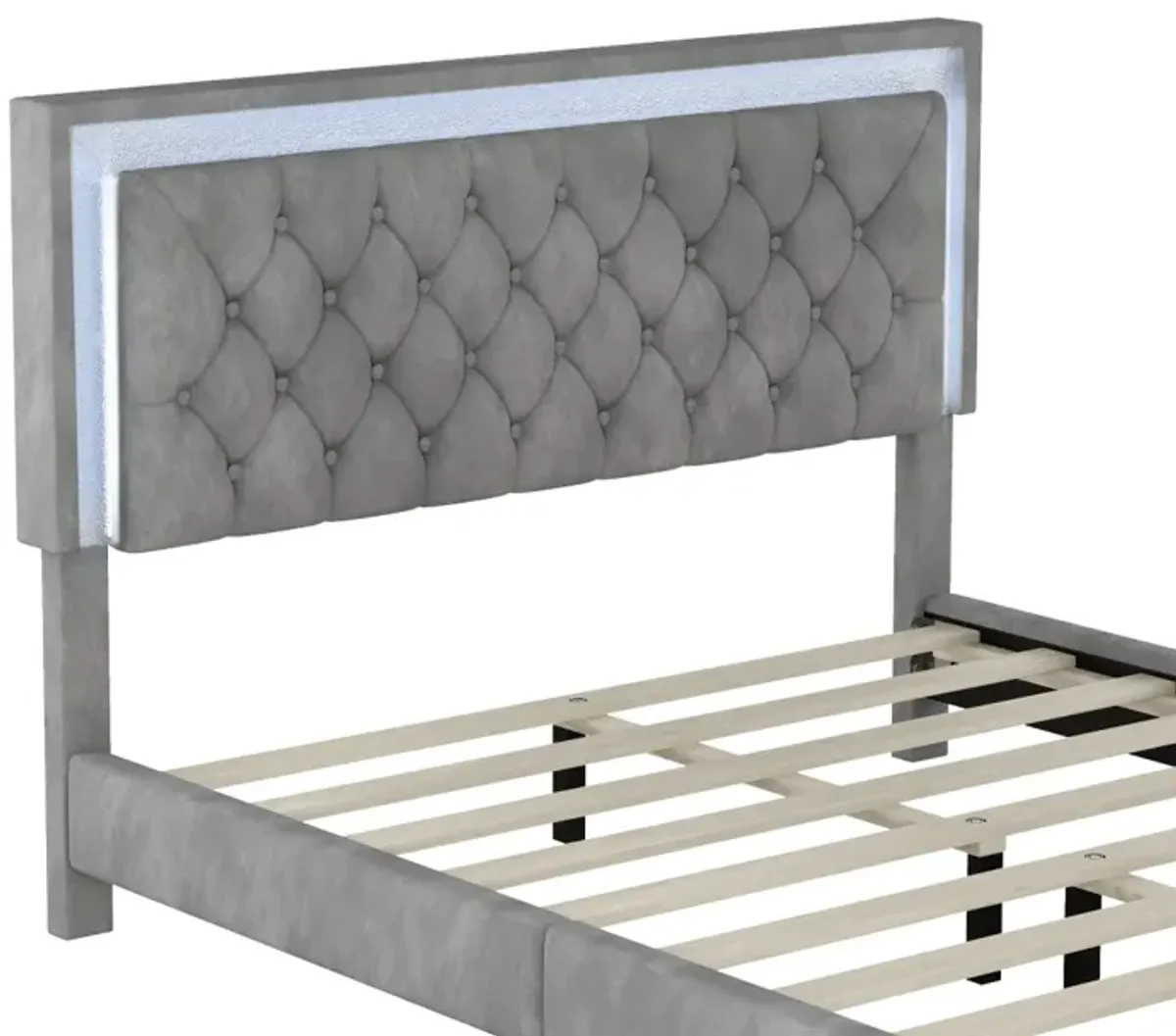 Queen Size Upholstered Bed Frame With LED Lights, Modern Velvet Platform Bed With Tufted Headboard