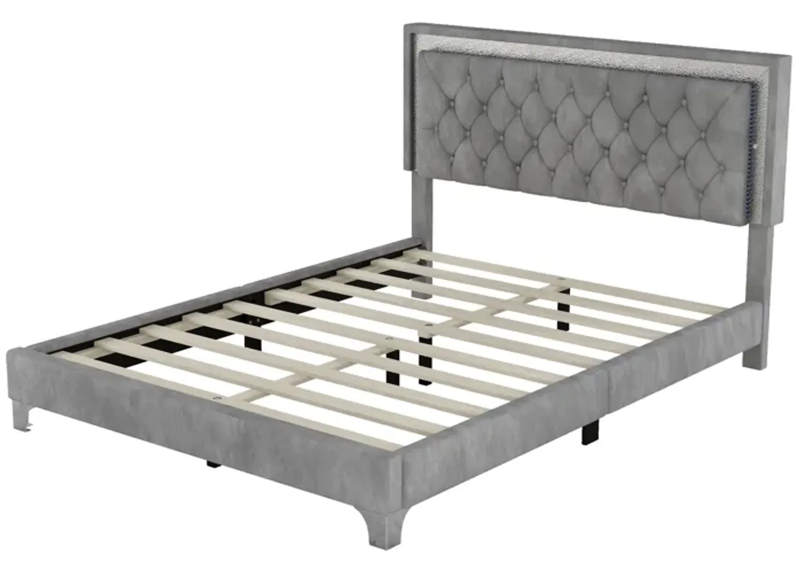 Queen Size Upholstered Bed Frame With LED Lights, Modern Velvet Platform Bed With Tufted Headboard