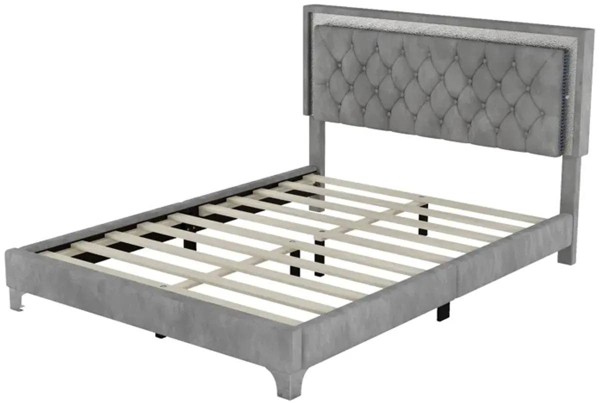 Queen Size Upholstered Bed Frame With LED Lights, Modern Velvet Platform Bed With Tufted Headboard