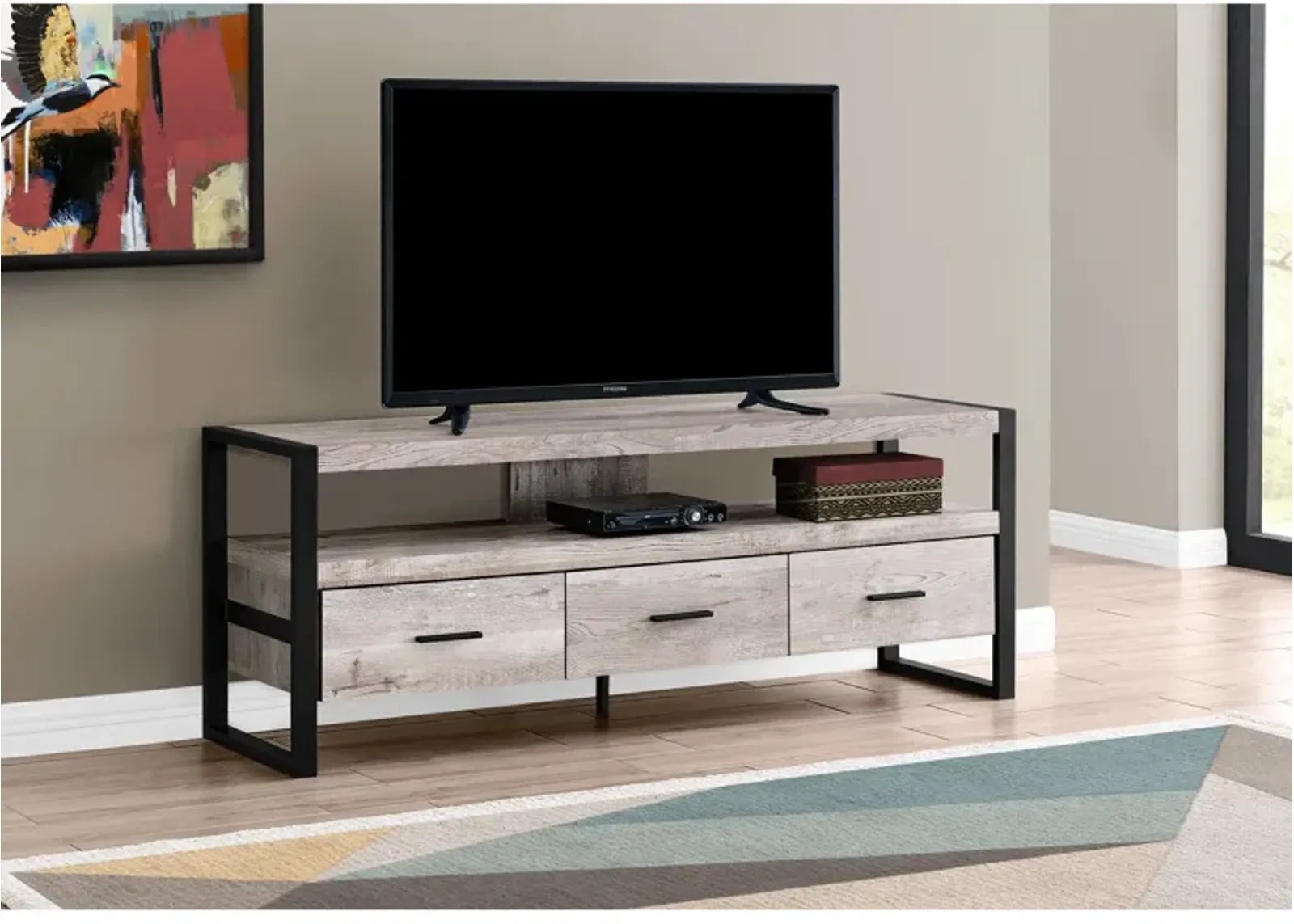 Monarch Specialties I 2822 Tv Stand, 60 Inch, Console, Media Entertainment Center, Storage Drawers, Living Room, Bedroom, Metal, Laminate, Beige, Black, Contemporary, Modern