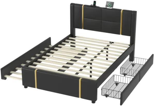Merax PU Platform Bed with Storage Ottoman Set