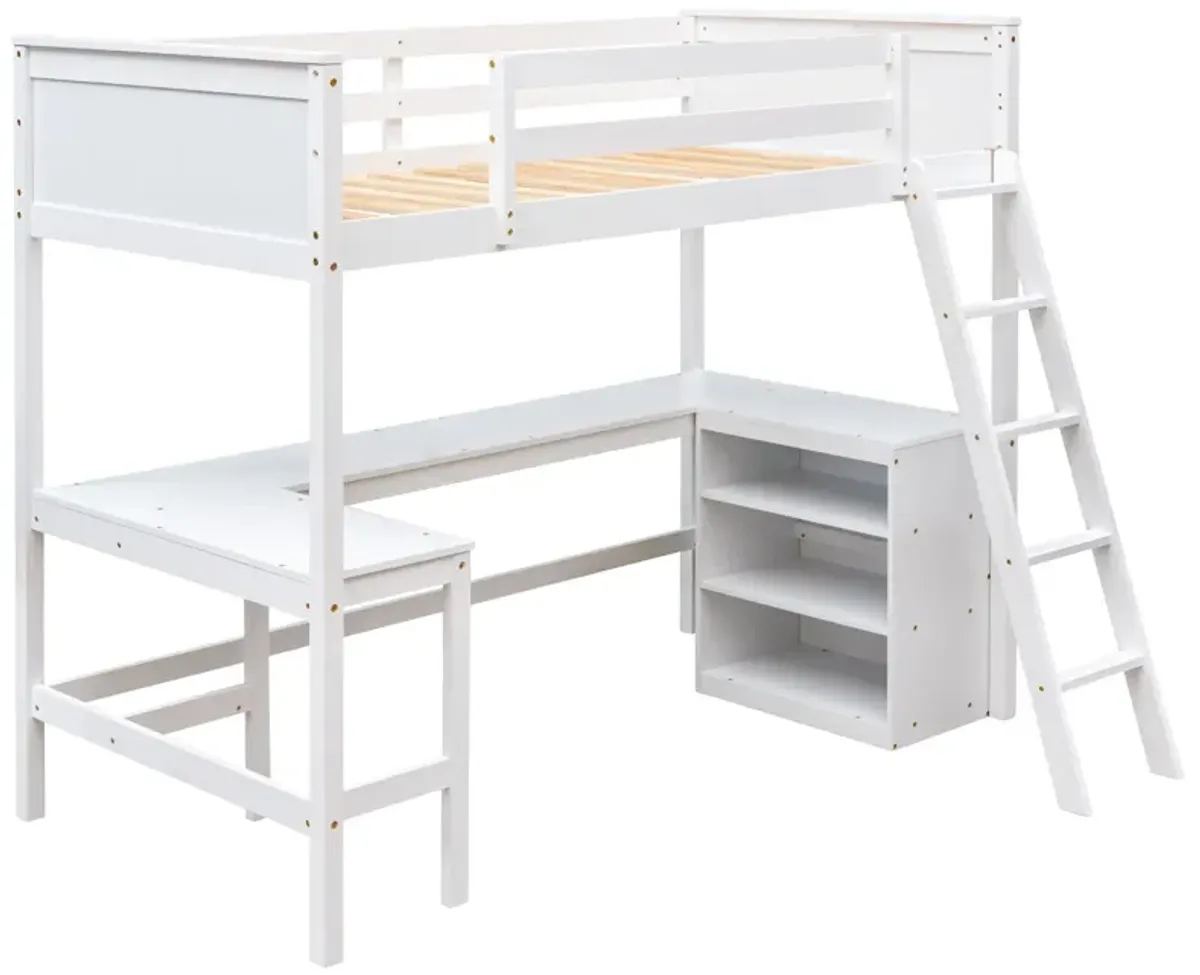 Twin Size Loft Bed With Shelves And Desk, Wooden Loft Bed With Desk