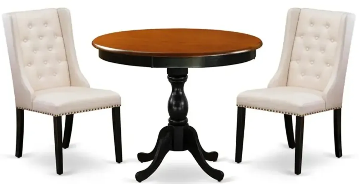 East West Furniture 3-Pc Wooden Dinette Set Consists of a Dinette Table and 2 Cream Linen Fabric Mid Century Modern Chairs with Button Tufted Back - Black Finish
