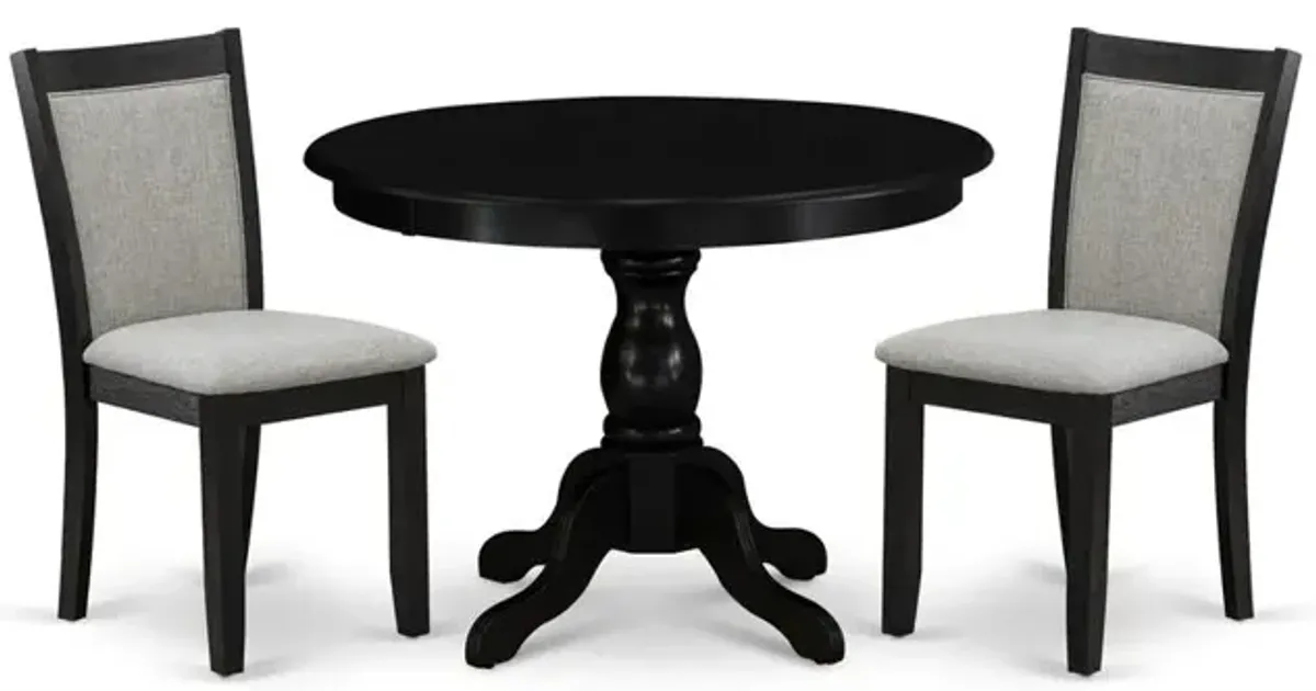 East West Furniture 3-Pc Dining Table Set Contains a Dining Room Table and 2 Shitake Linen Fabric Dining Room Chairs - Wire Brushed Black Finish