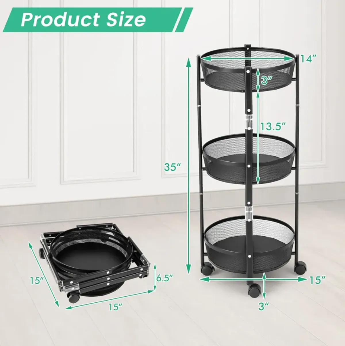 3-Tier Rotating 1-Second folding Storage Rack Metal