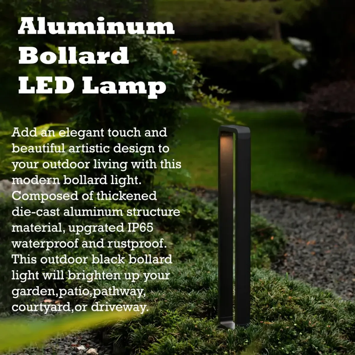 Decorative Driveway Bollard Rectangle LED Garden Light, Large Black Aluminum Pathway Yard Outdoor Light