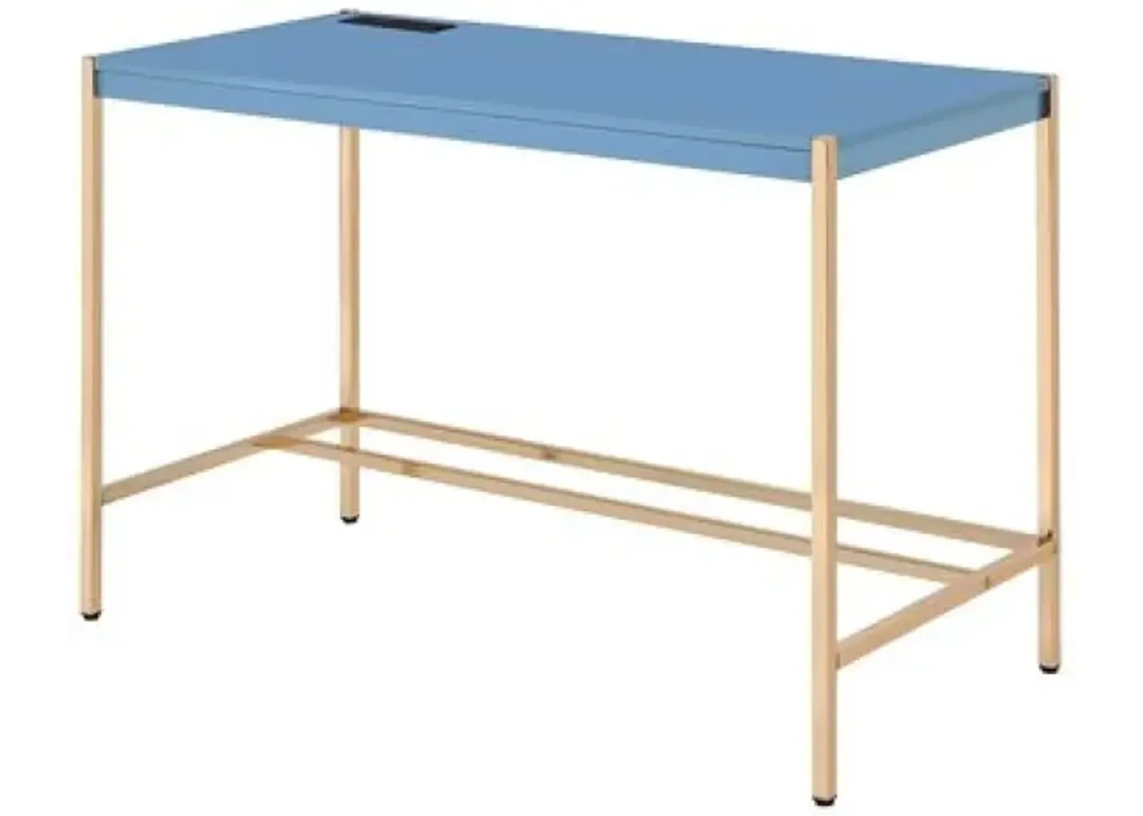 Writing Desk with USB Dock and Metal Legs, Blue and Rose Gold-Benzara