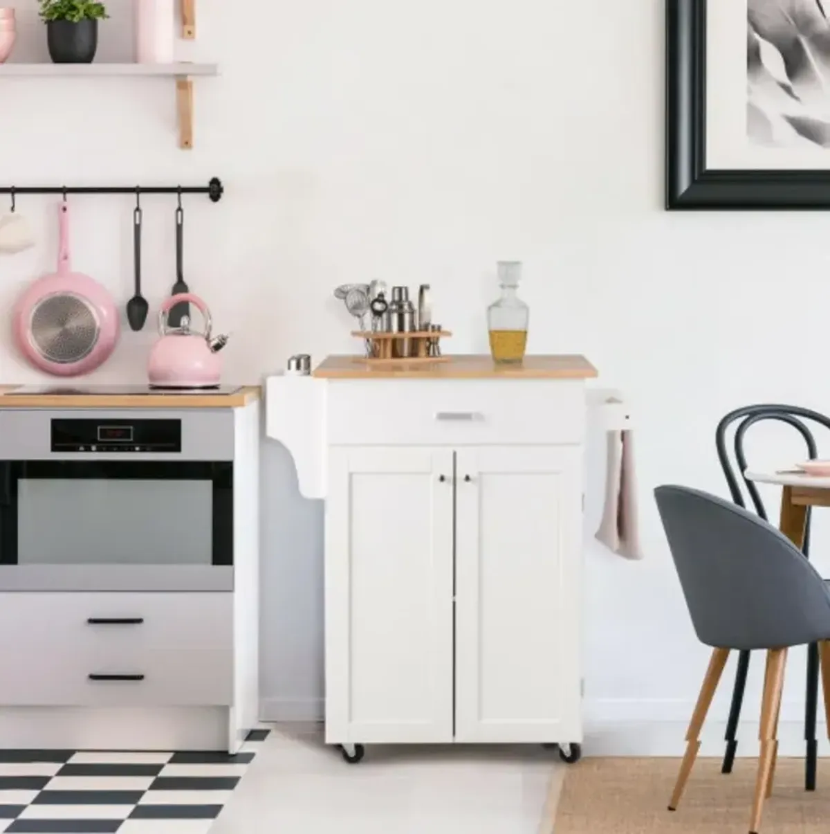 Rolling Kitchen Island Cart Storage Cabinet with Spice Rack-White