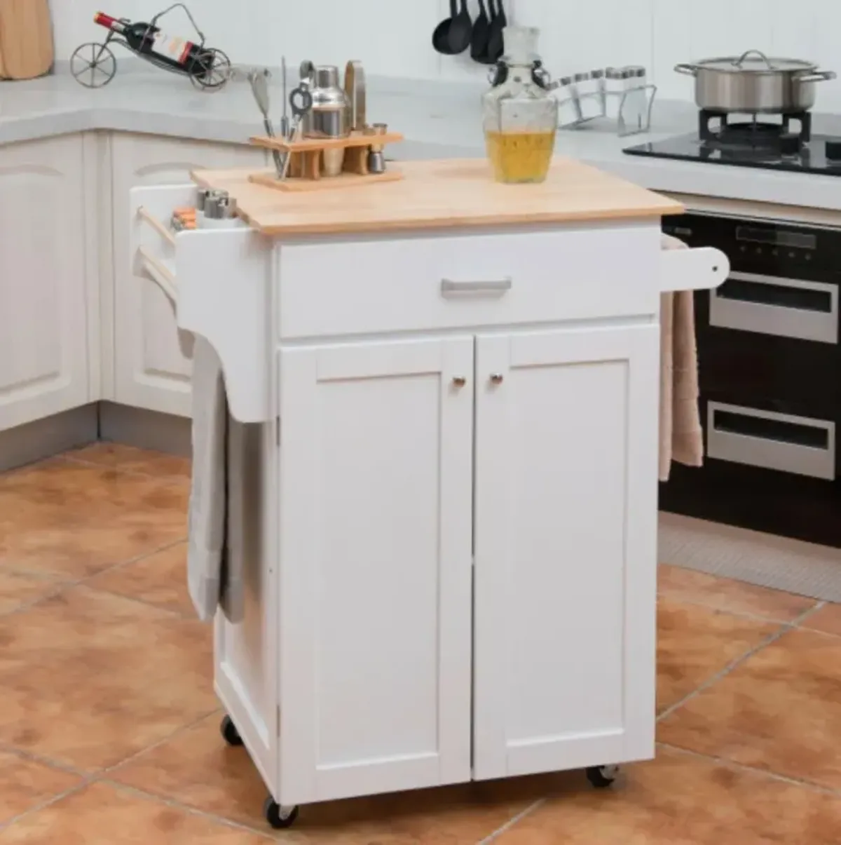 Rolling Kitchen Island Cart Storage Cabinet with Spice Rack-White