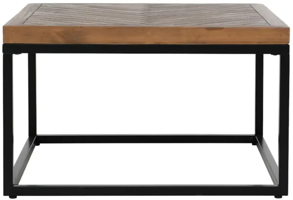 Nat 30 Inch Solid Wood Square Coffee Table, Herringbone, Brown, Black-Benzara