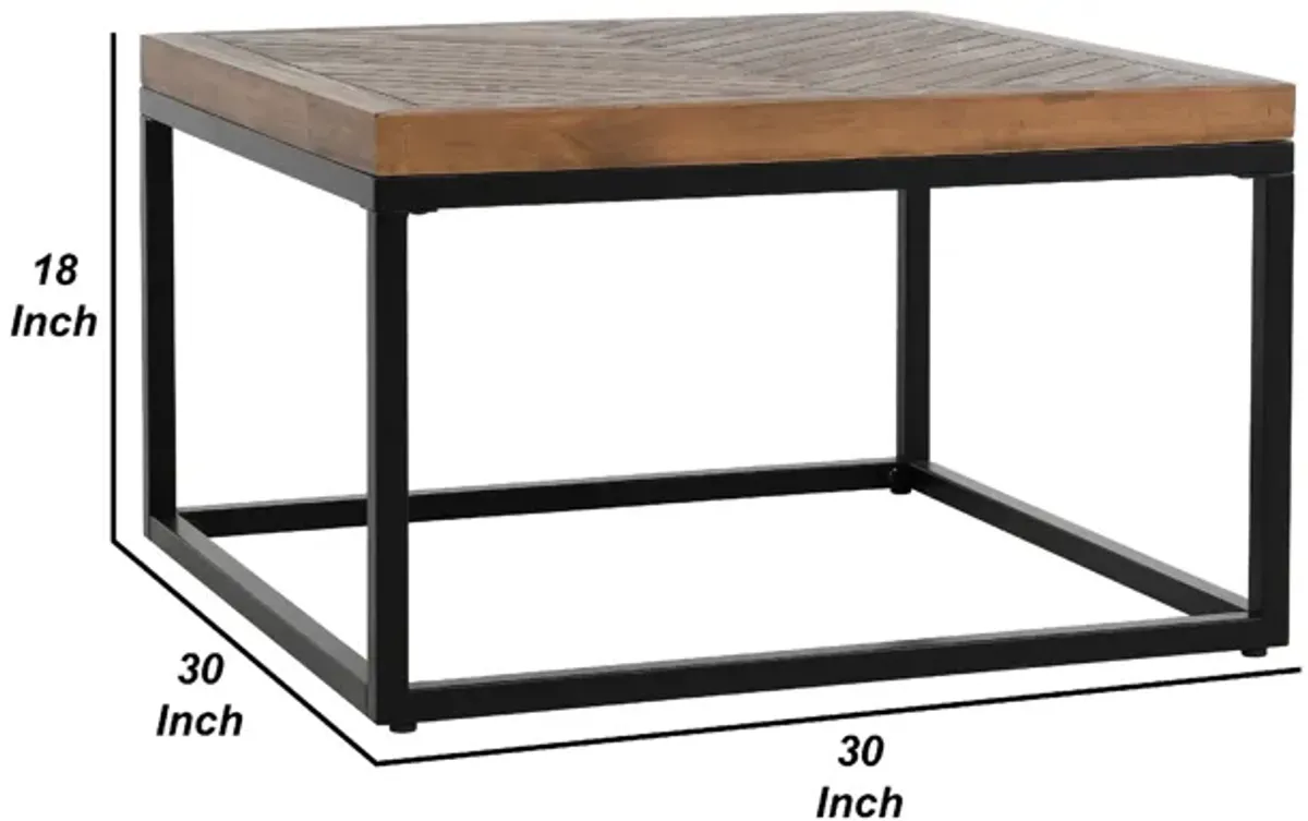 Nat 30 Inch Solid Wood Square Coffee Table, Herringbone, Brown, Black-Benzara