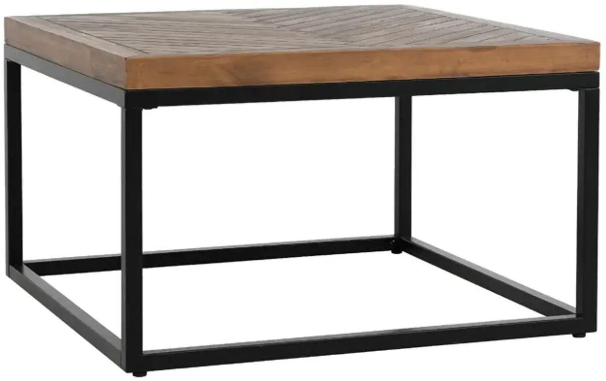 Nat 30 Inch Solid Wood Square Coffee Table, Herringbone, Brown, Black-Benzara