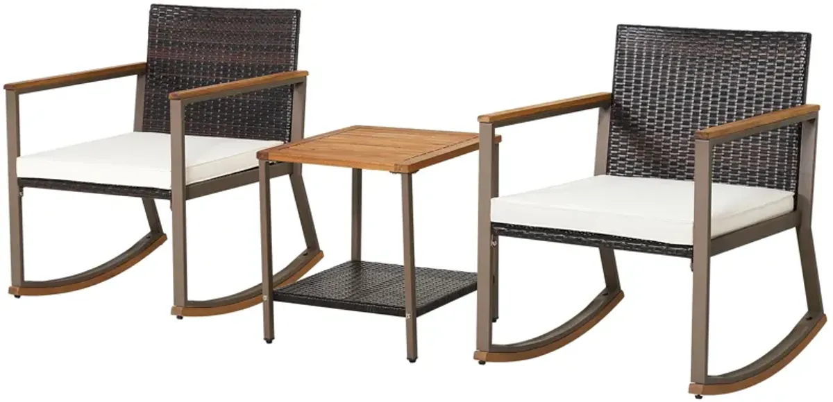 3 Pieces Rattan Rocking Bistro Set with Coffee Table and Cushions