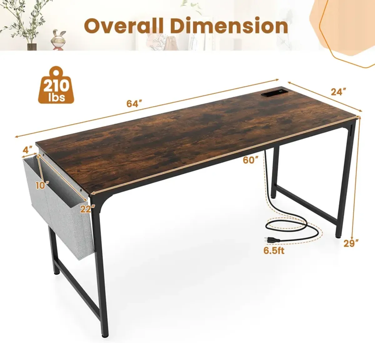 60 Inch Computer Desk with Charging Station Storage Bag