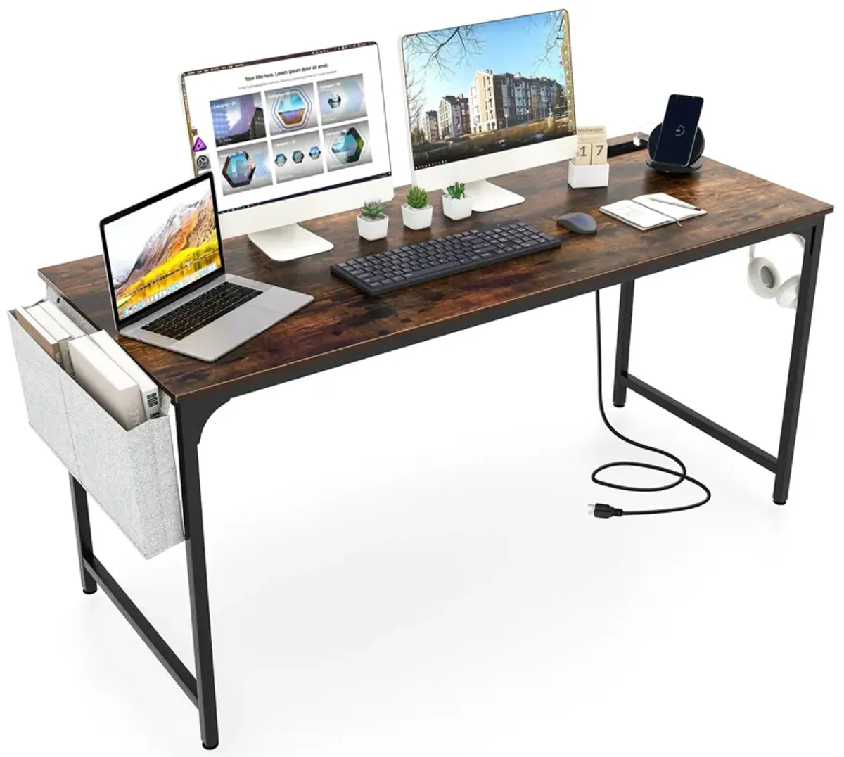 60 Inch Computer Desk with Charging Station Storage Bag