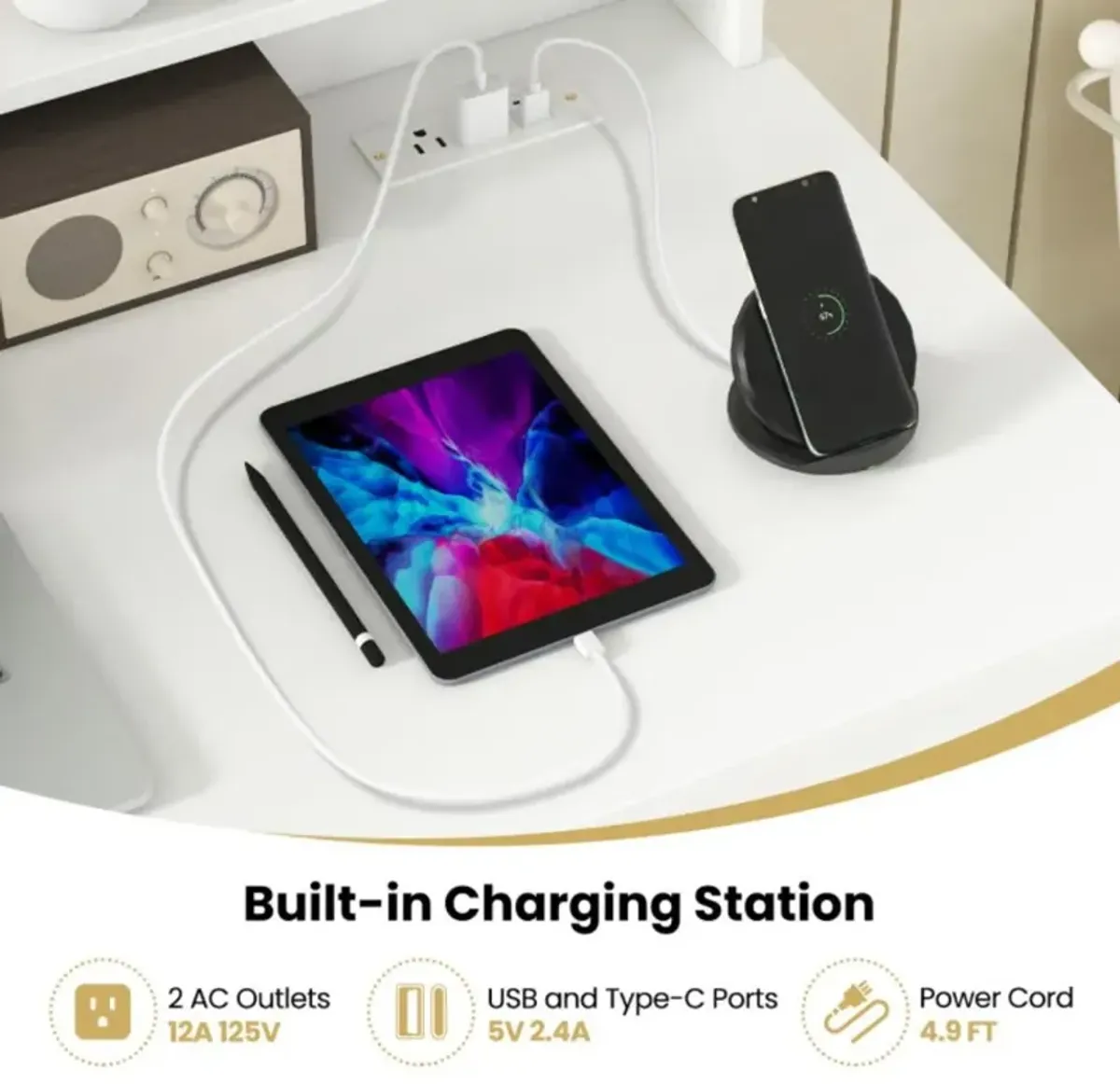 Hivvago White Desk with Charging Station and Adjustable Shelf for Home Office