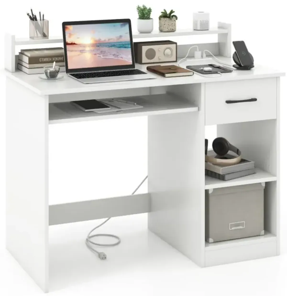 Hivvago White Desk with Charging Station and Adjustable Shelf for Home Office