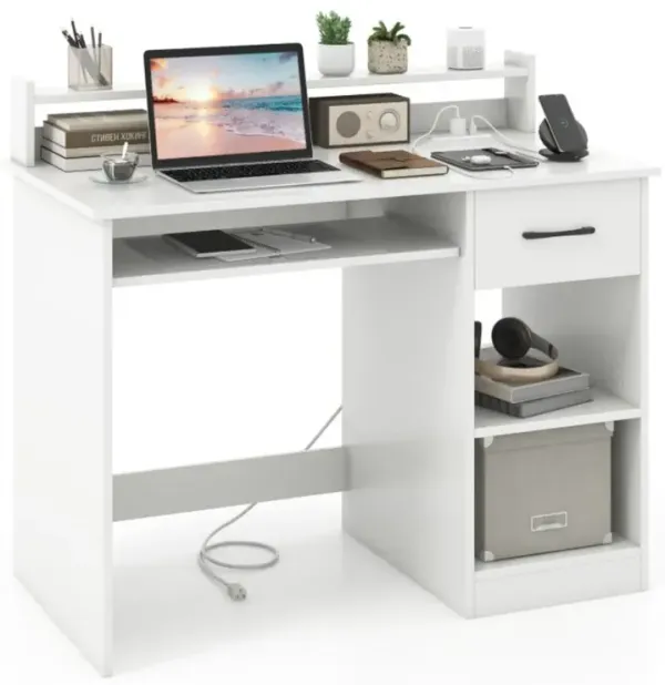 Hivvago White Desk with Charging Station and Adjustable Shelf for Home Office