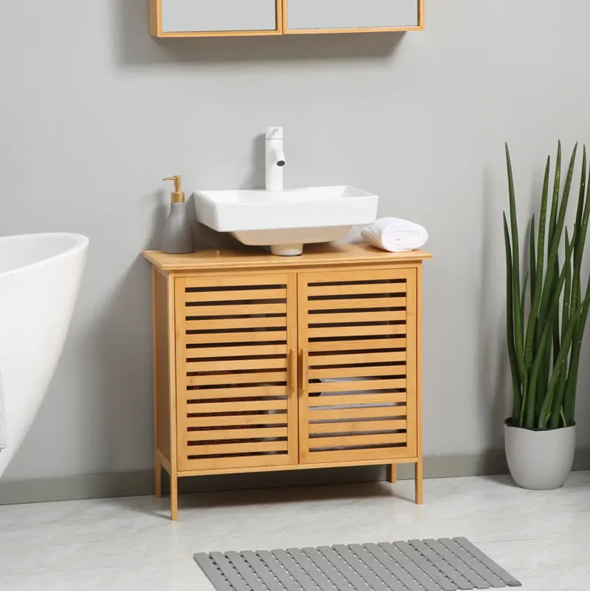 Natural Bathroom Storage: Bamboo Sink Cabinet with 2 Slatted Doors