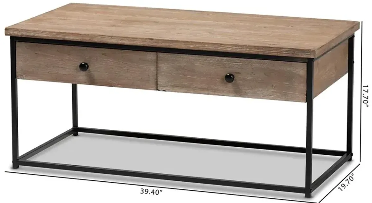 Weathered Oak Finished Wood and Black Metal 2-Drawer Coffee Table