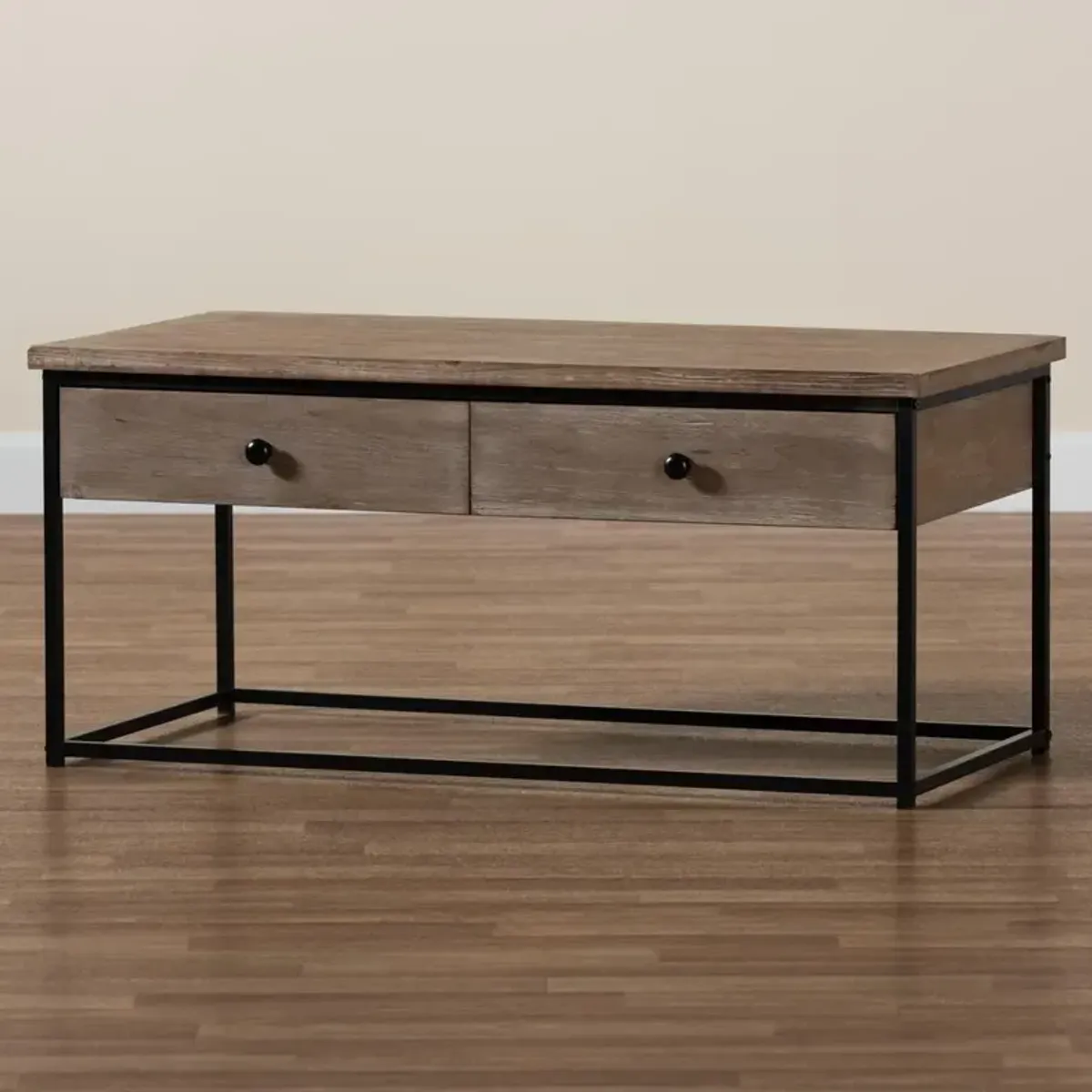 Weathered Oak Finished Wood and Black Metal 2-Drawer Coffee Table