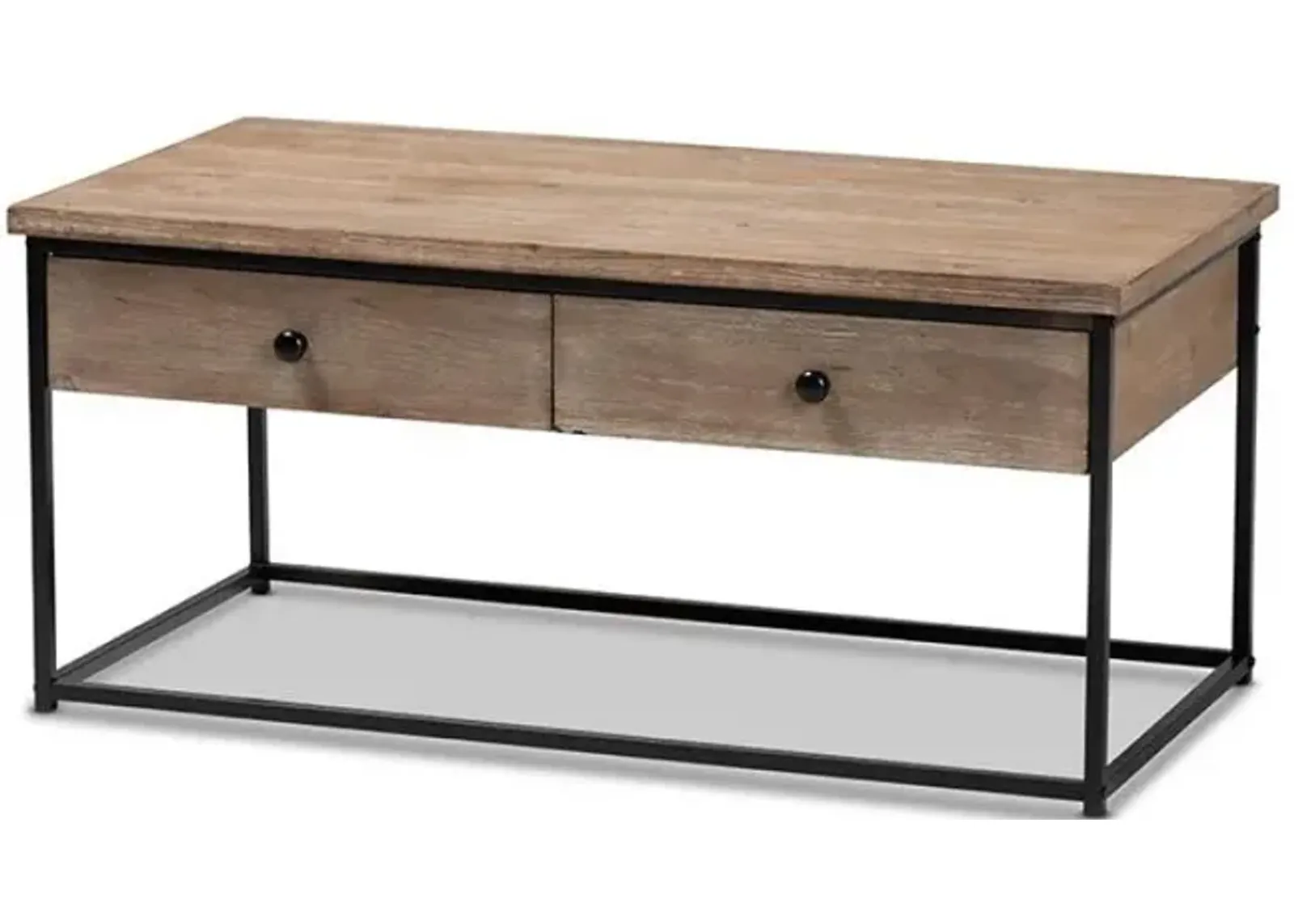 Weathered Oak Finished Wood and Black Metal 2-Drawer Coffee Table