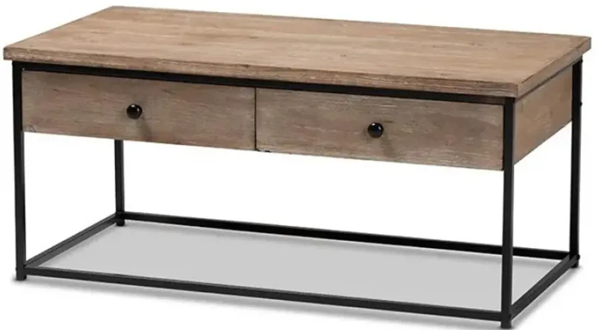 Weathered Oak Finished Wood and Black Metal 2-Drawer Coffee Table