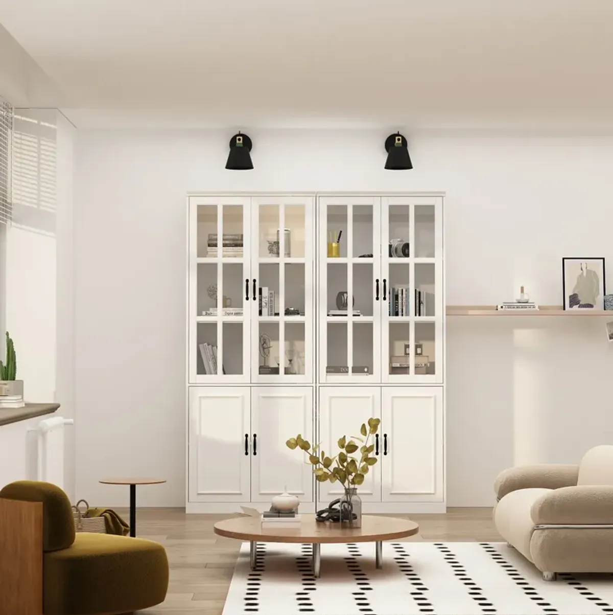 FUFU&GAGA 8-Door White Storage Cabinet Set – Stylish and Spacious Organizing Solution, 2-Piece Wardrobe with Glass Doors and Black Handles, (78.7 in. H x 63 in. W x 15.7 in. D),White