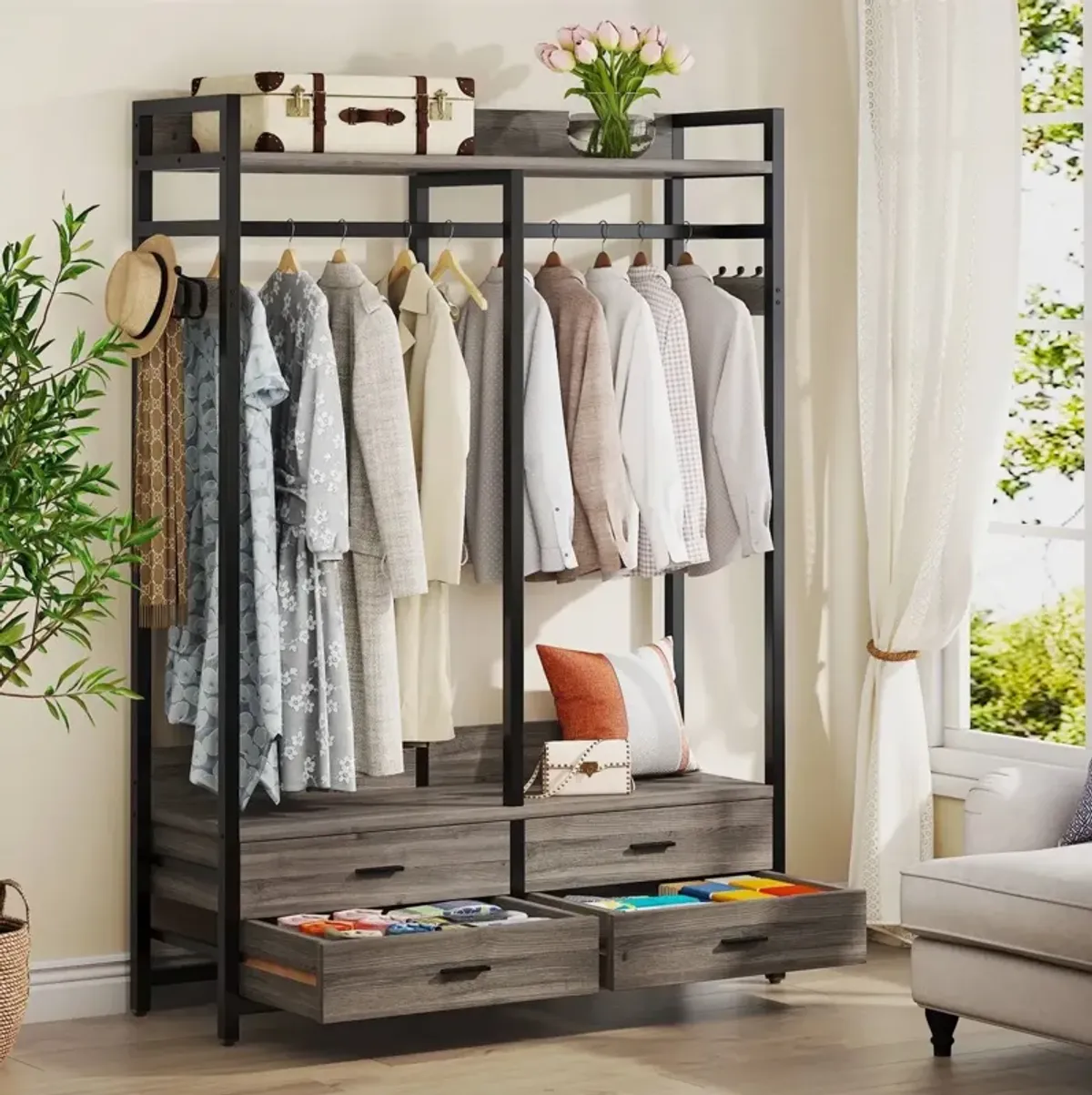 Modern Grey Black Garment Rack with Clothes Hanging Rod and 4 Storage Drawers