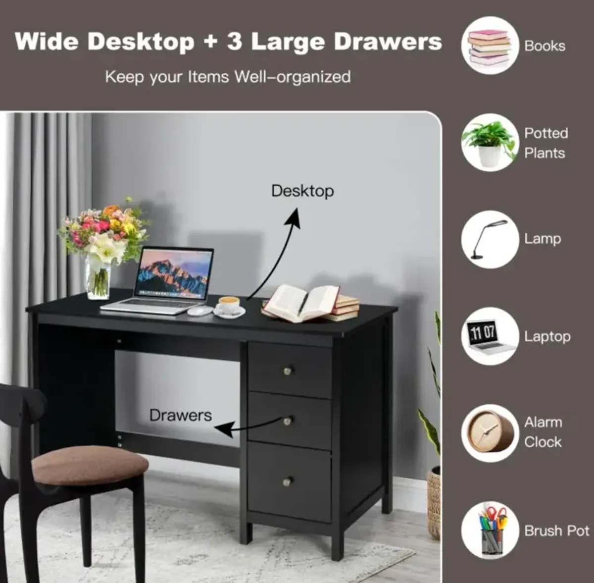 Hivvago 3-Drawer Home Office Study Computer Desk with Spacious Desktop