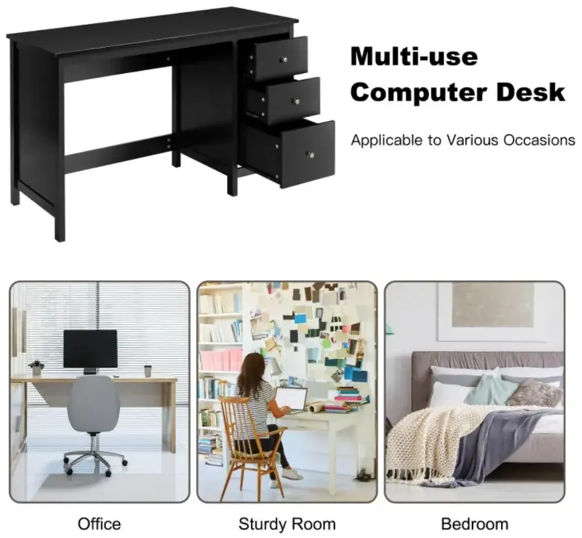 Hivvago 3-Drawer Home Office Study Computer Desk with Spacious Desktop