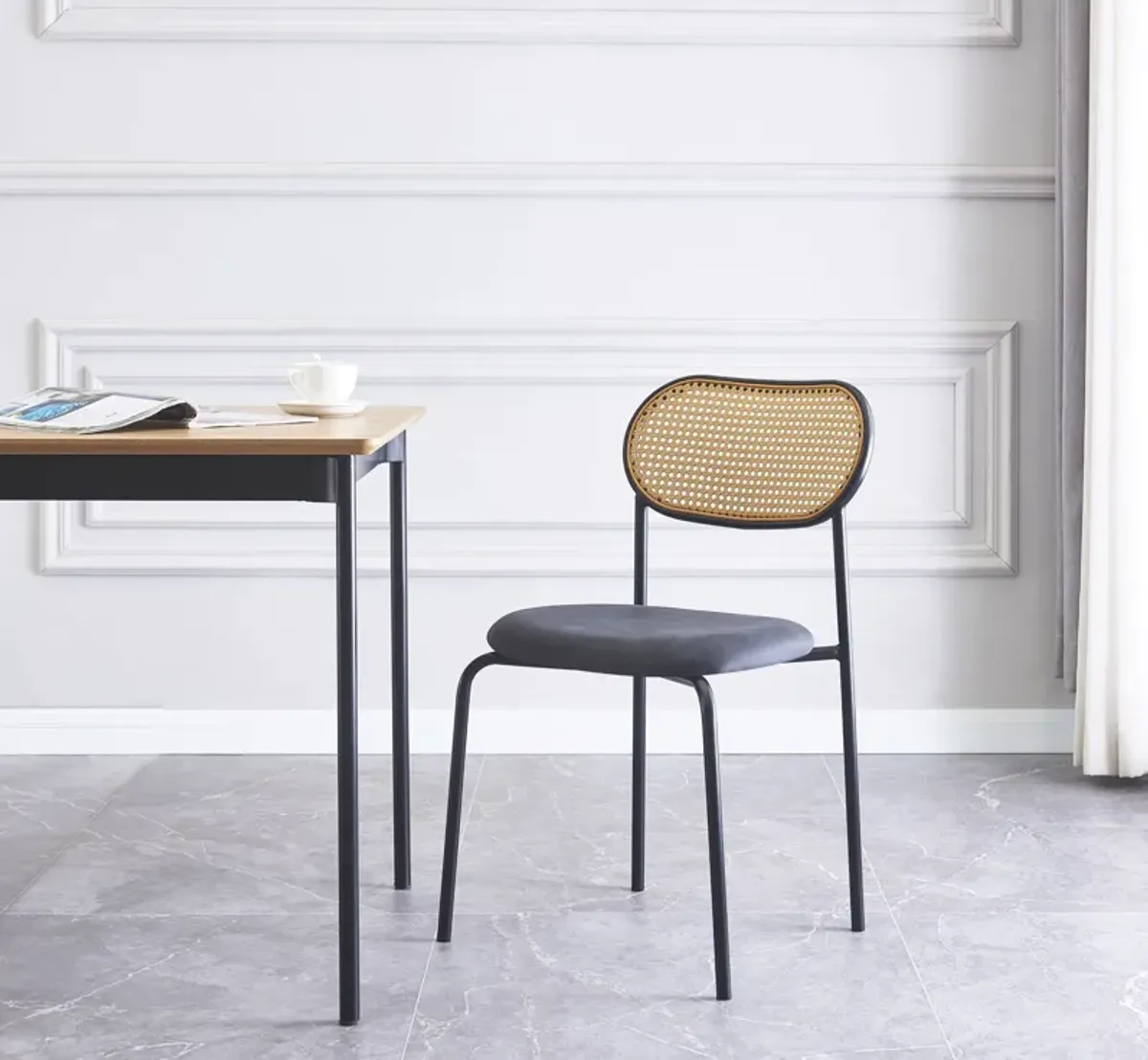 Set of 2 Industrial Metal Cane Rattan Dining Chairs