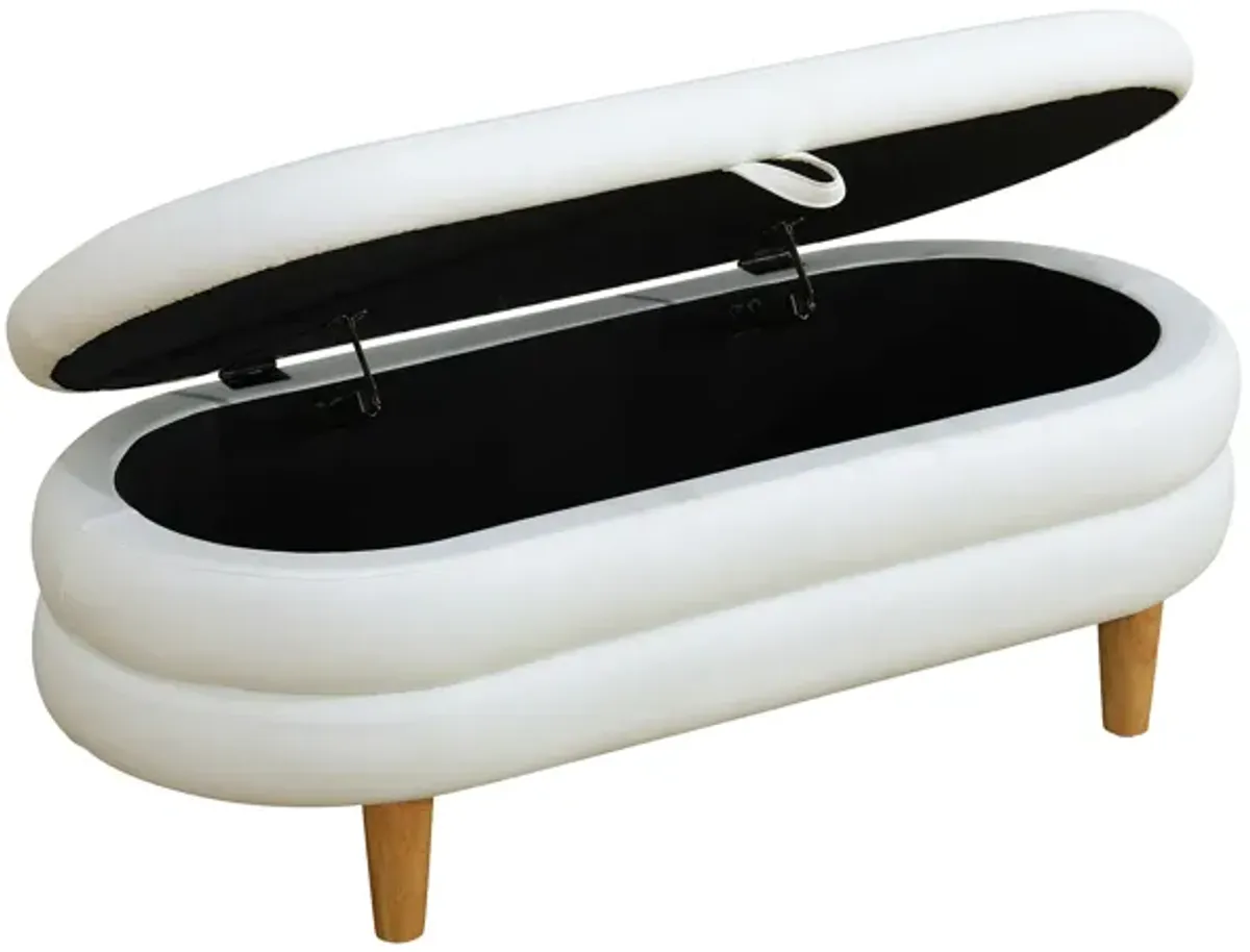 White Cotton Oval Ottoman with Storage