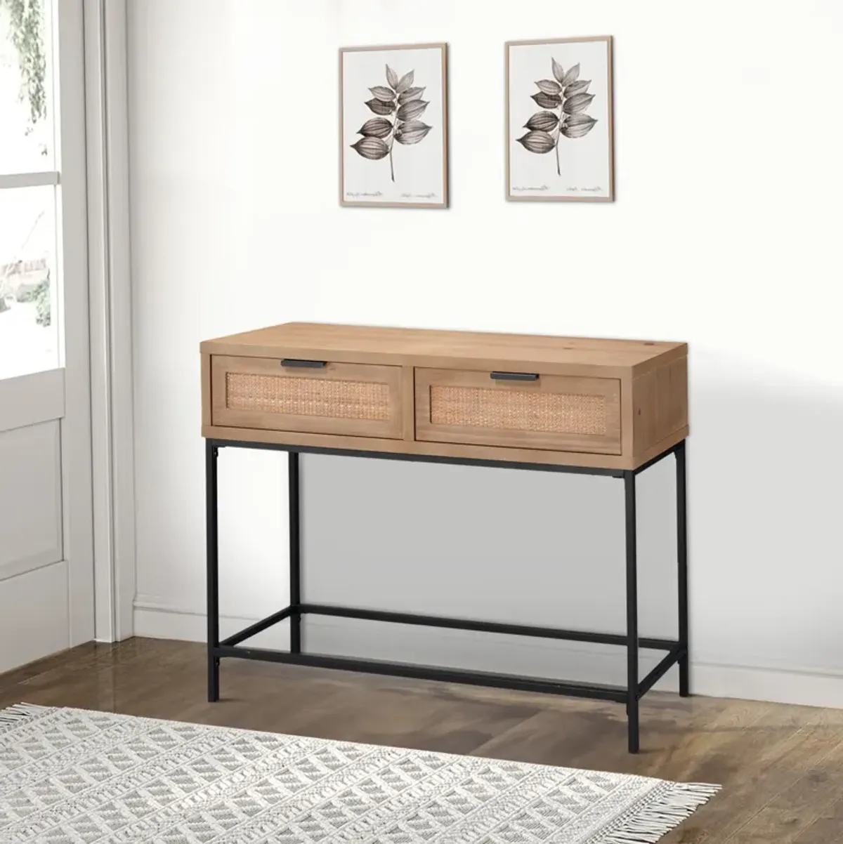 Console Table with Woven Rattan Front Drawers, Brown-Benzara