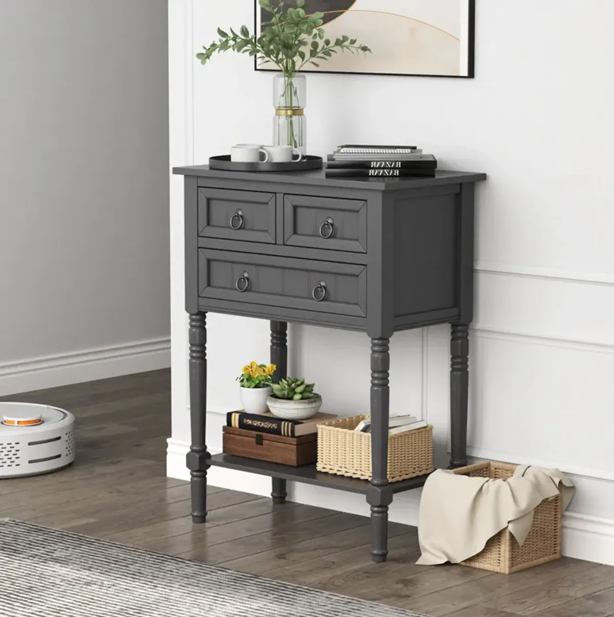 Narrow Console Table with 3 Storage Drawers and Open Bottom Shelf