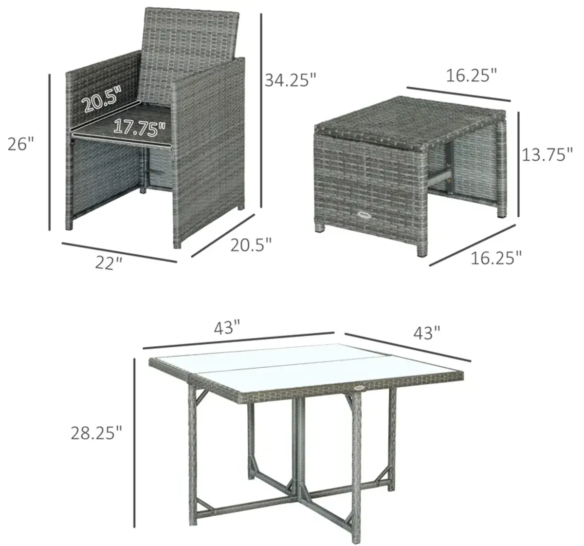 Outsunny 9-Piece Outdoor PE Rattan Wicker Patio Dining Set, Cushions, 4 Armchairs, 2 Easy-Store Ottoman Footrests, 1 Tempered Glass Center Coffee Table, Dark Grey