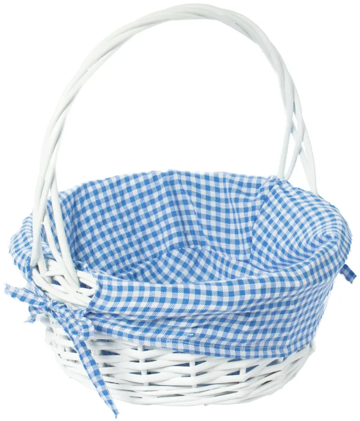 White Round Willow Gift Basket, with Pink Gingham Liner and Handle- Small