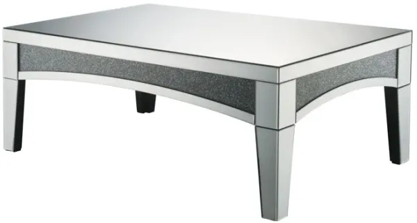 Coffee Table with Mirror Trim and Faux Stone Inlays, Silver-Benzara