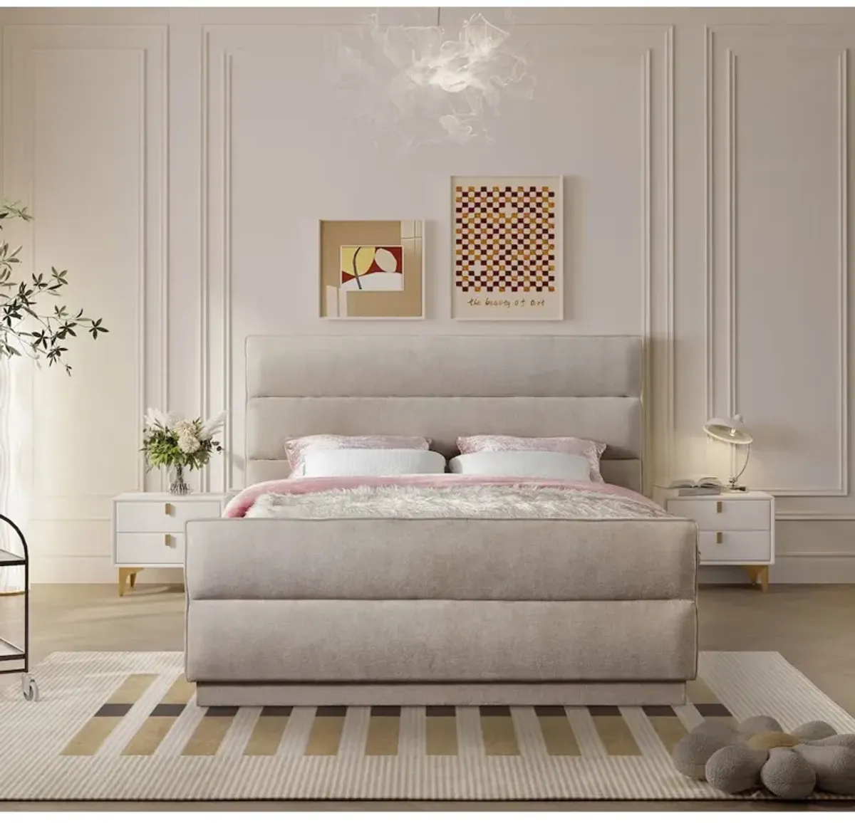 Meridian Furniture Paxton Beige Chenille Fabric Queen Bed