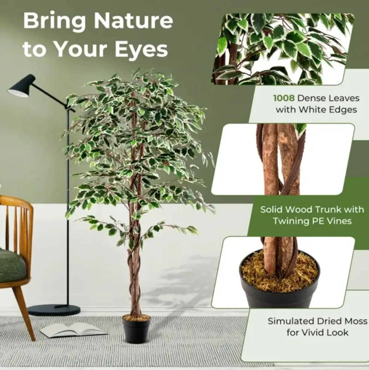 Hivvago Artificial Ficus Tree Tall Faux Indoor Plant with 1008 Leaves Nursery Pot and Dried Moss