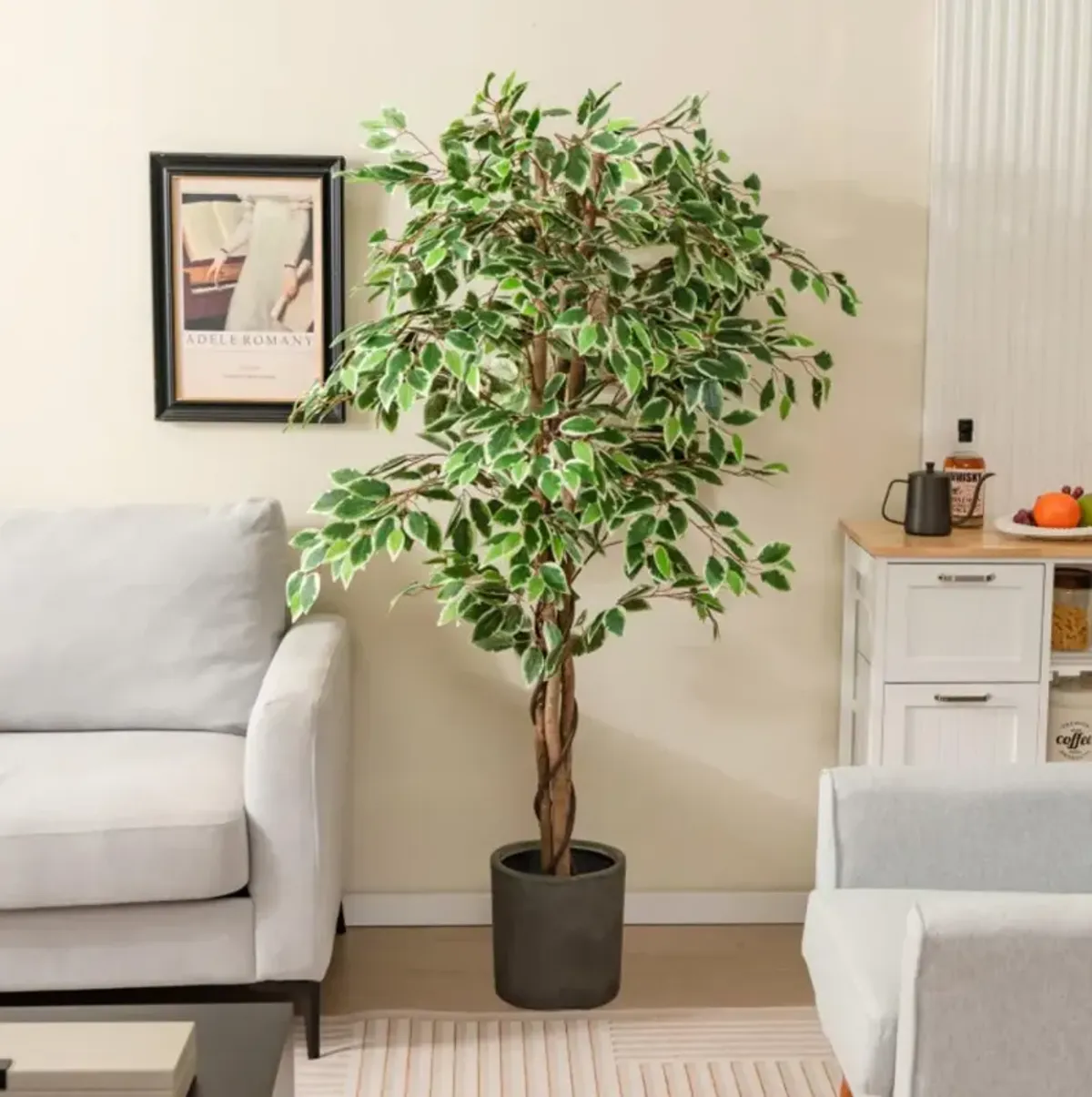 Hivvago Artificial Ficus Tree Tall Faux Indoor Plant with 1008 Leaves Nursery Pot and Dried Moss