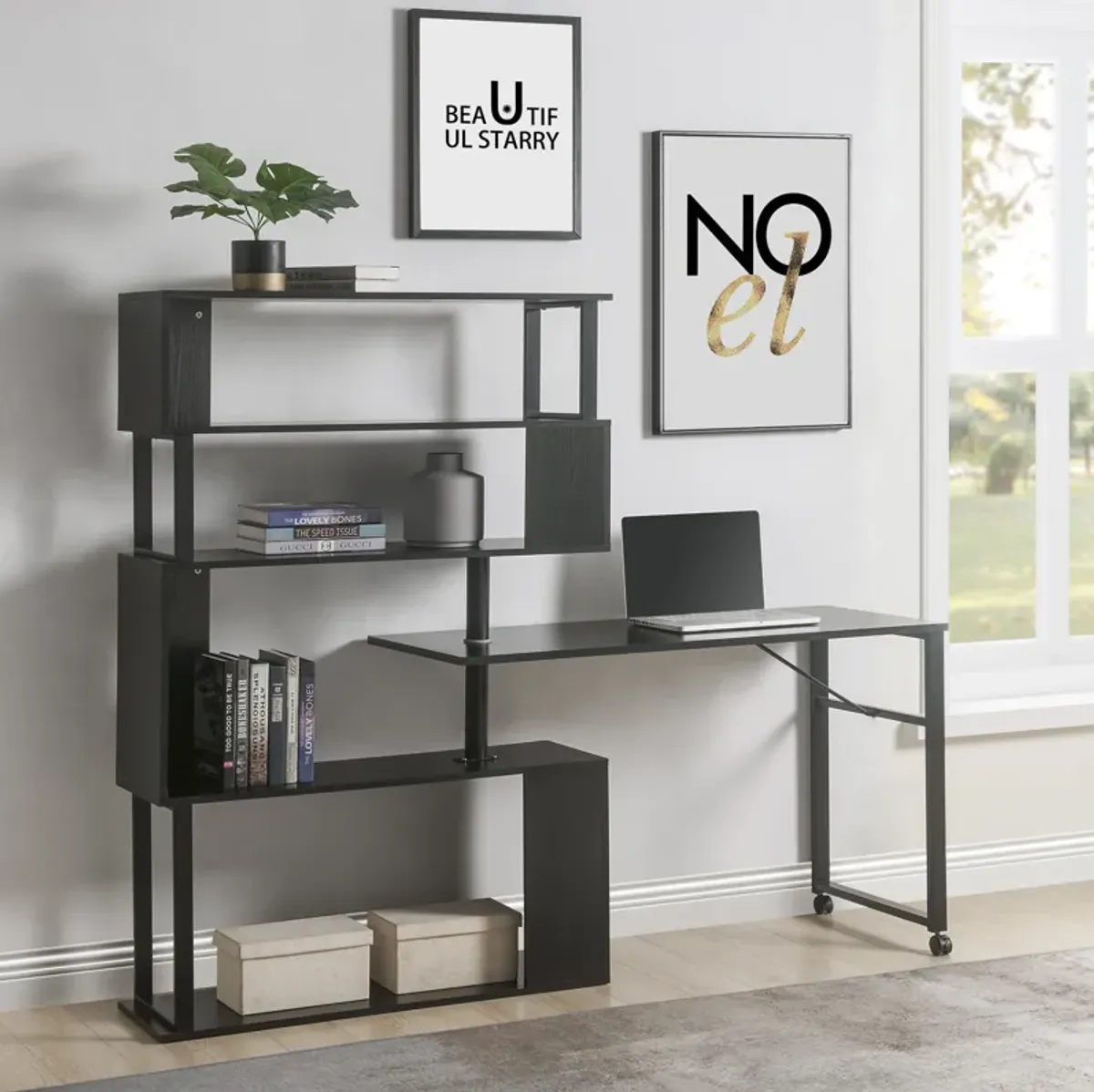 Merax Rotating Computer Desk with 5-Tier Bookshelf