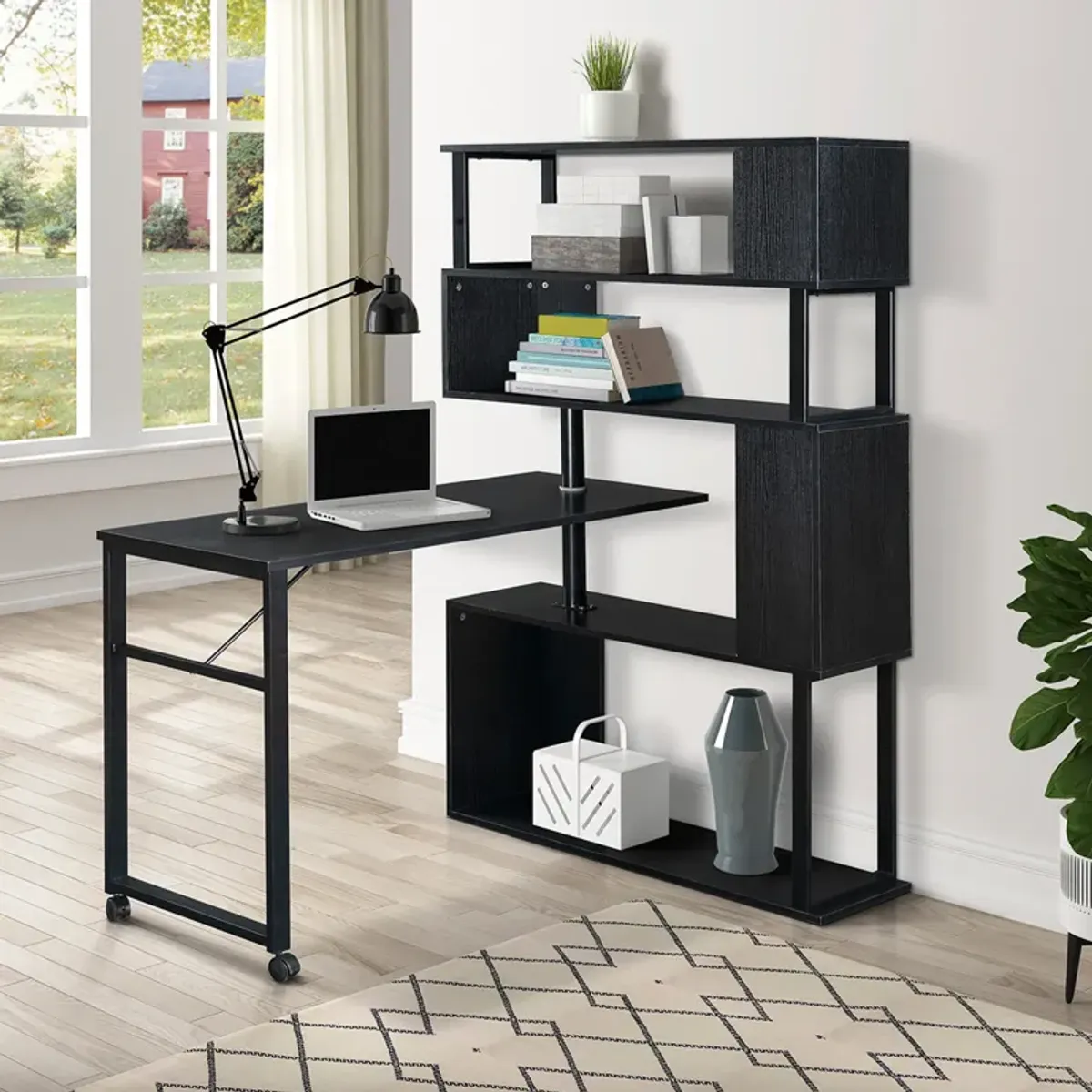 Merax Rotating Computer Desk with 5-Tier Bookshelf